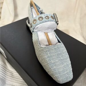 NWT RAG &BONE MOTO ASTRA SLINGBACK COLOR SKUY LIGHT BLUE DENIN TWEED SIZE 7.5 .